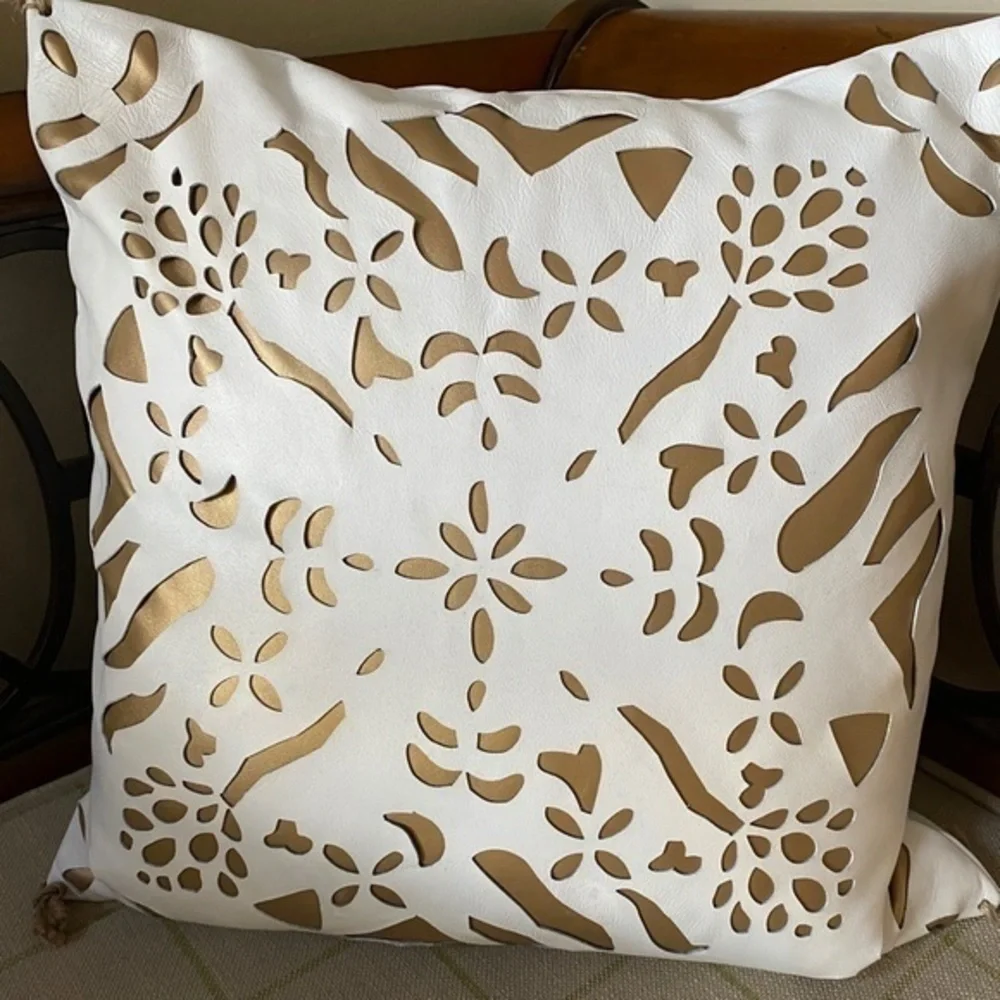 Anthropologie White Leather Gold Inlay Pillow